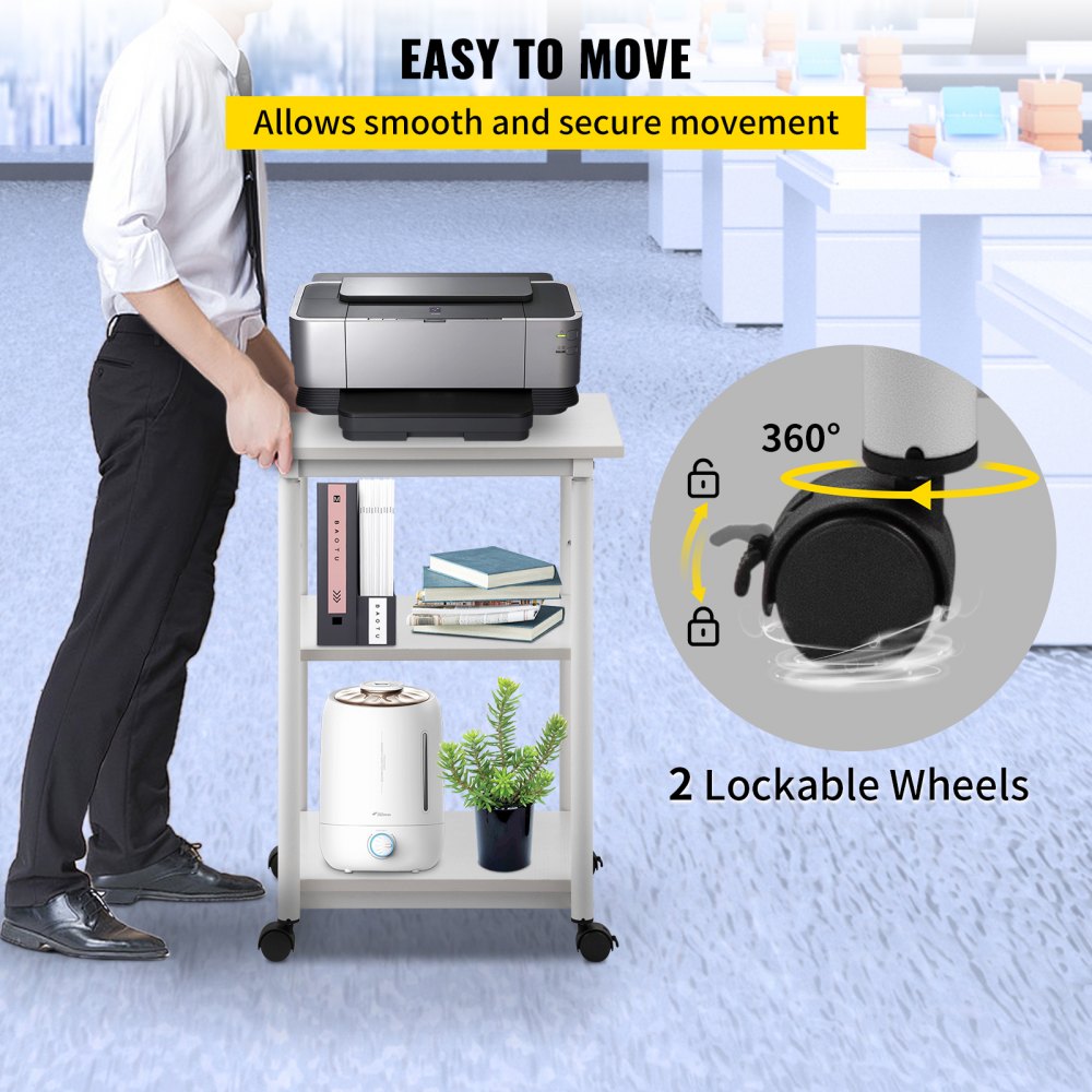 VEVOR Printer Stand, 3 Tiers, Rolling Machine Cart with Adjustable Shelf & Lockable Wheels, Mobile Printer Table for Fax Scanner File Book in Home Office, 18.9 x 15.35 x 30.31 inch, White