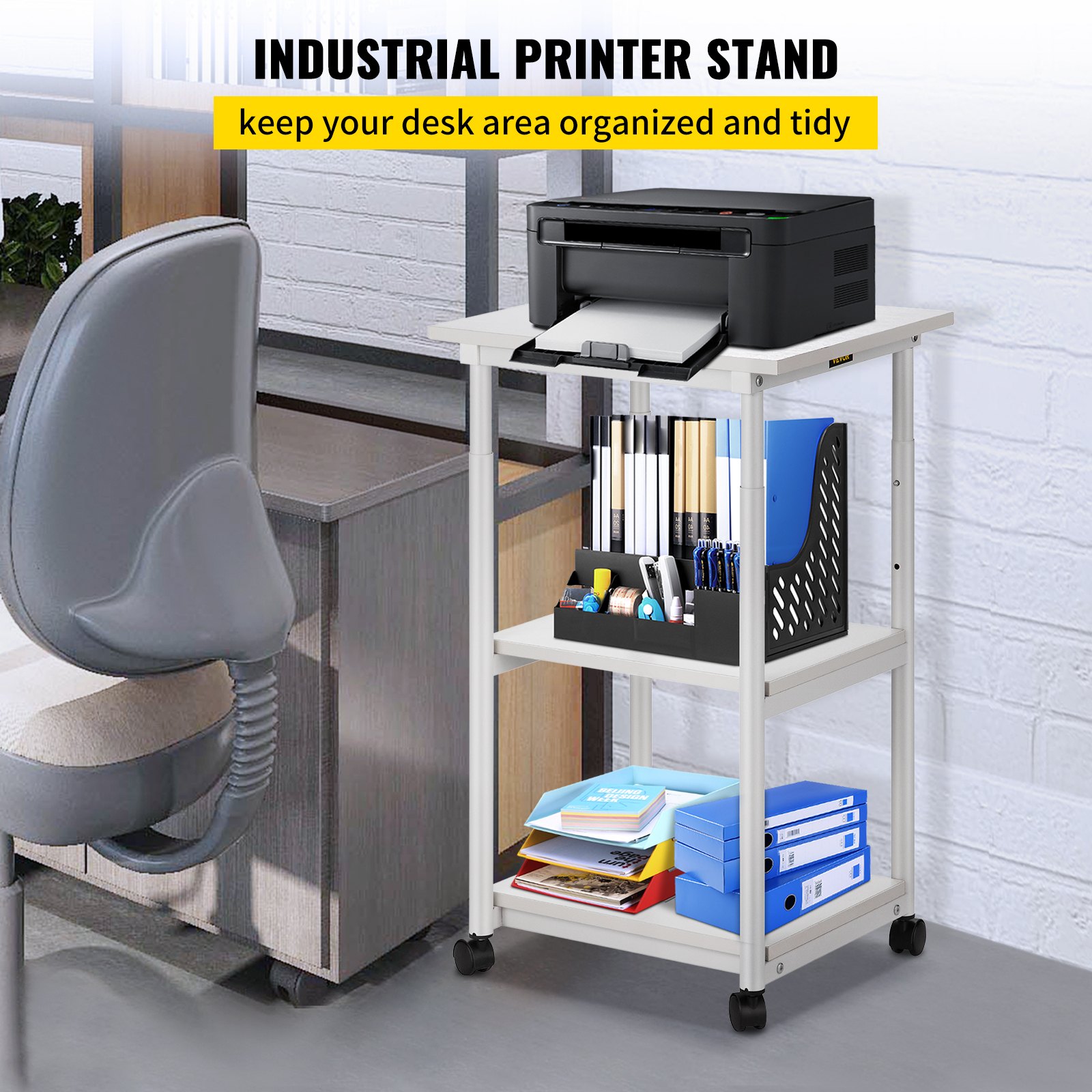 VEVOR Printer Stand, 3 Tiers, Rolling Machine Cart with Adjustable Shelf & Lockable Wheels, Mobile Printer Table for Fax Scanner File Book in Home Office, 18.9 x 15.35 x 30.31 inch, White