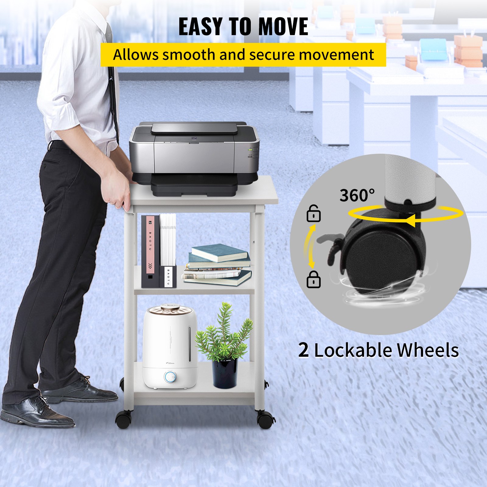 VEVOR Printer Stand, 3 Tiers, Rolling Machine Cart with Adjustable Shelf & Lockable Wheels, Mobile Printer Table for Fax Scanner File Book in Home Office, 18.9 x 15.35 x 30.31 inch, White
