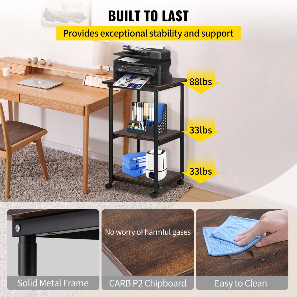 VEVOR Printer Stand, 3 Tiers, Rolling Machine Cart with Adjustable Shelf & Lockable Wheels, Mobile Printer Table for Fax Scanner File Book in Home Office, Black & Brown