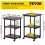 VEVOR Printer Stand, 3 Tiers, 48 x 39 x 77 cm, Rolling Machine Cart with Adjustable Shelf & Lockable Wheels, Mobile Printer Table for Fax Scanner File Book in Home Office, Black & Brown