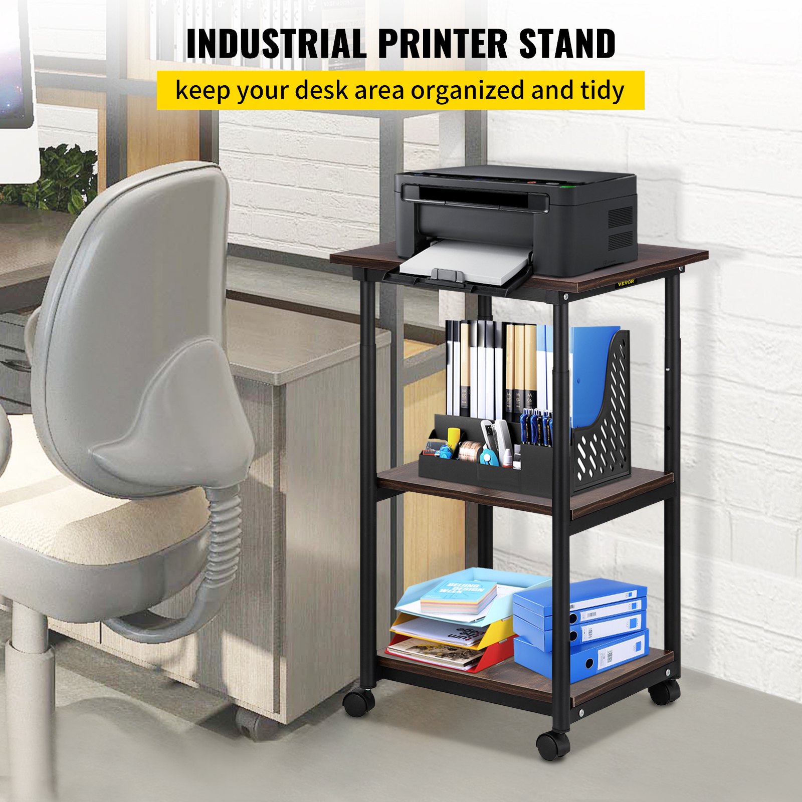 VEVOR Printer Stand, 3 Tiers, Rolling Machine Cart with Adjustable Shelf & Lockable Wheels, Mobile Printer Table for Fax Scanner File Book in Home Office, Black & Brown