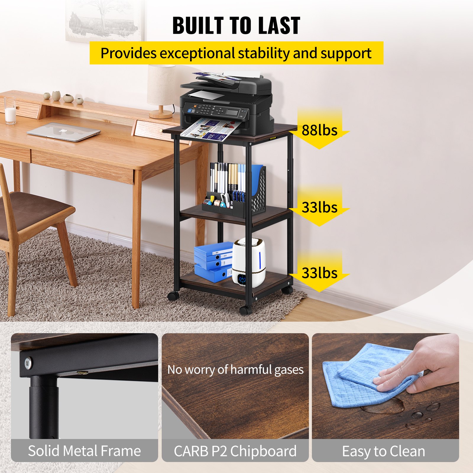 VEVOR Printer Stand, 3 Tiers, Rolling Machine Cart with Adjustable Shelf & Lockable Wheels, Mobile Printer Table for Fax Scanner File Book in Home Office, Black & Brown