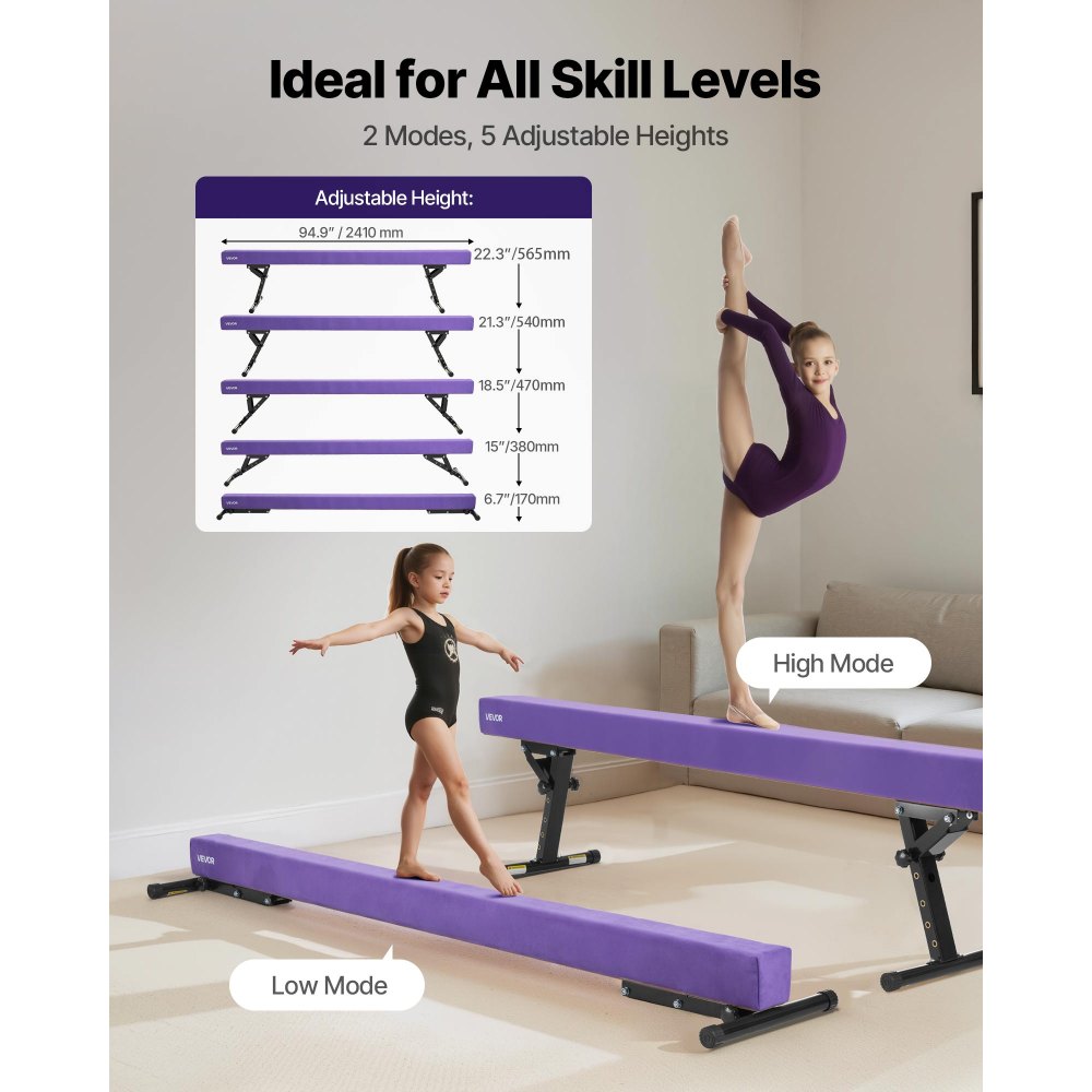 VEVOR Adjustable Balane Beam for Kids, 8FT Gymnastics Beam, High and Low Floor Beams of 5 Adjustable Heights for All Gymnastic Levels, Professional Gymnastic Equipment for Home and Gym Center, Purple