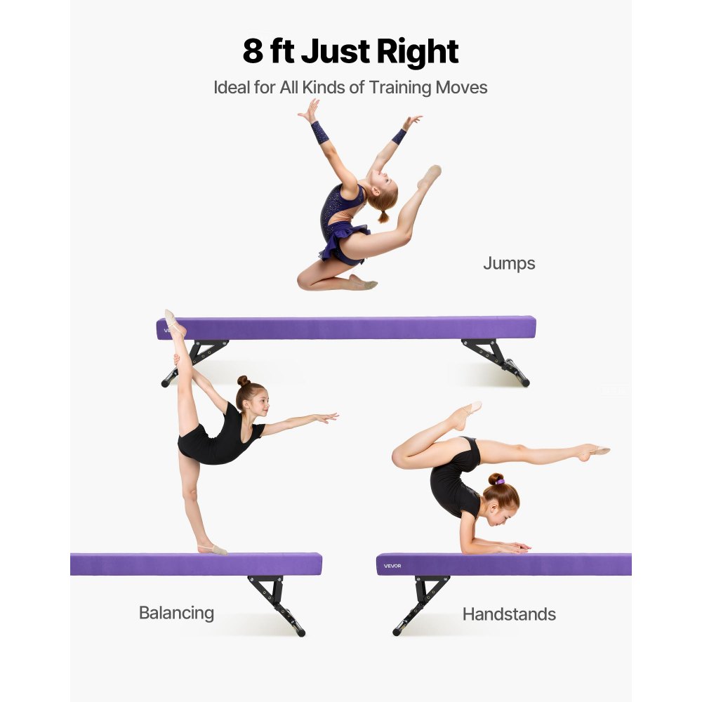 VEVOR Adjustable Balane Beam for Kids, 8FT Gymnastics Beam, High and Low Floor Beams of 5 Adjustable Heights for All Gymnastic Levels, Professional Gymnastic Equipment for Home and Gym Center, Purple