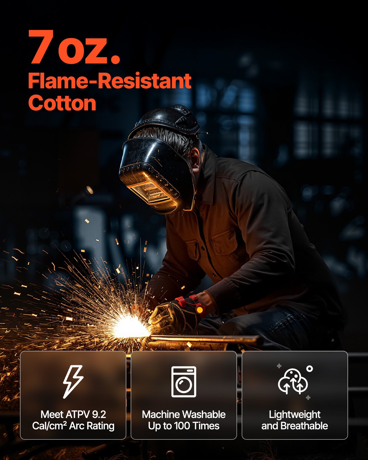 VEVOR Flame-Resistant Welding Jacket - L Size, 7oz. FR Cotton Welding Jacket, Machine Washable Heat-Resistant Safety Jacket with Collar, Adjustable Cuffs & 2 Pockets, Meet ATPV 9.2 Cal/cm² Arc Rating
