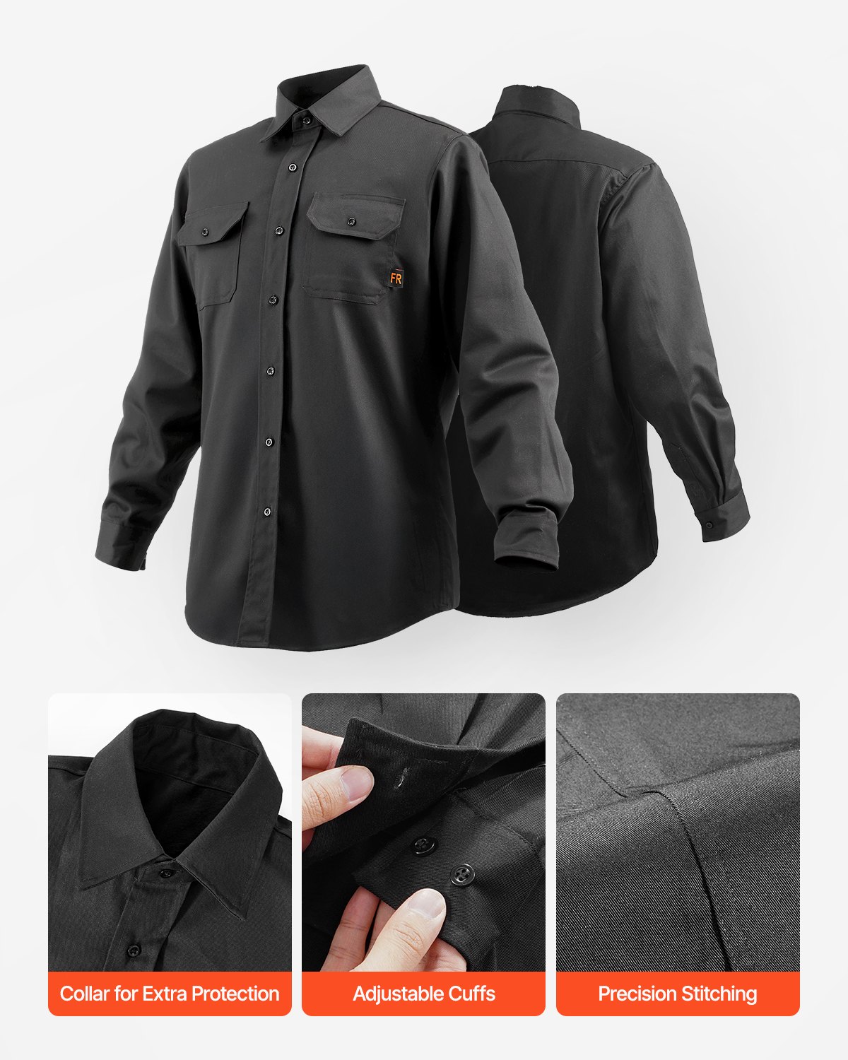 VEVOR Flame-Resistant Welding Jacket - L Size, 7oz. FR Cotton Welding Jacket, Machine Washable Heat-Resistant Safety Jacket with Collar, Adjustable Cuffs & 2 Pockets, Meet ATPV 9.2 Cal/cm² Arc Rating