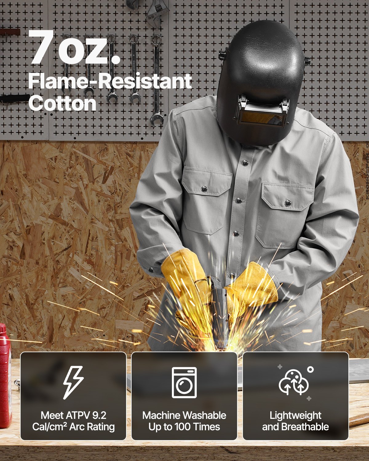 VEVOR FR Welding Jacket - XXL Size, 7oz. Flame-Resistant Cotton Welding Jacket, Machine Washable Heat-Resistant Safety Jacket with Metal Snap Button & Adjustable Cuff, Meet ATPV 9.2 Cal/cm² Arc Rating