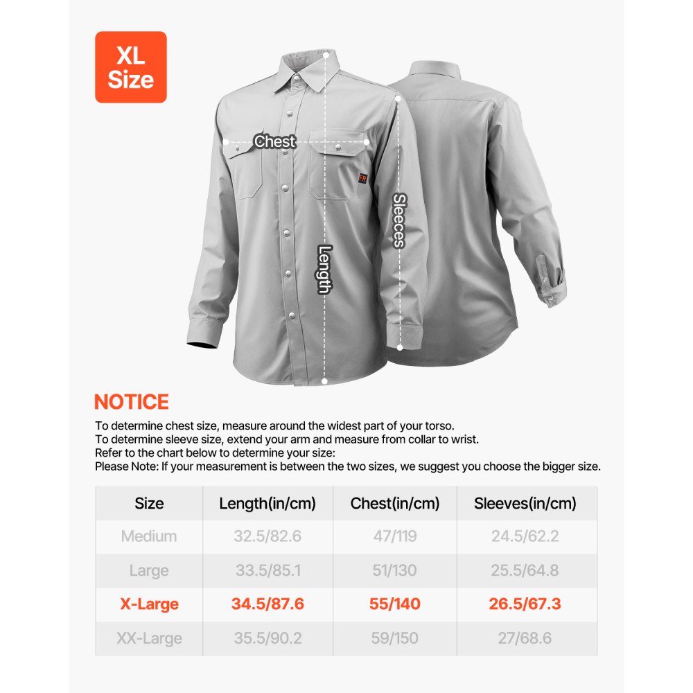 VEVOR FR Welding Jacket - XL Size, 7oz. Flame-Resistant Cotton Welding Jacket, Machine Washable Heat-Resistant Safety Jacket with Metal Snap Button & Adjustable Cuff, Meet ATPV 9.2 Cal/cm² Arc Rating