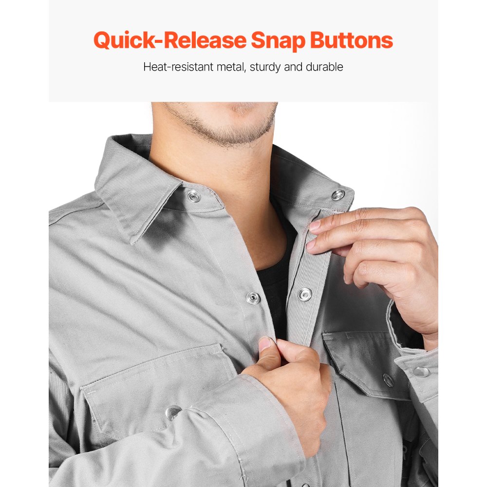 VEVOR FR Welding Jacket - M Size, 7oz. Flame-Resistant Cotton Welding Jacket, Machine Washable Heat-Resistant Safety Jacket with Metal Snap Buttons & Adjustable Cuff, Meet ATPV 9.2 Cal/cm² Arc Rating