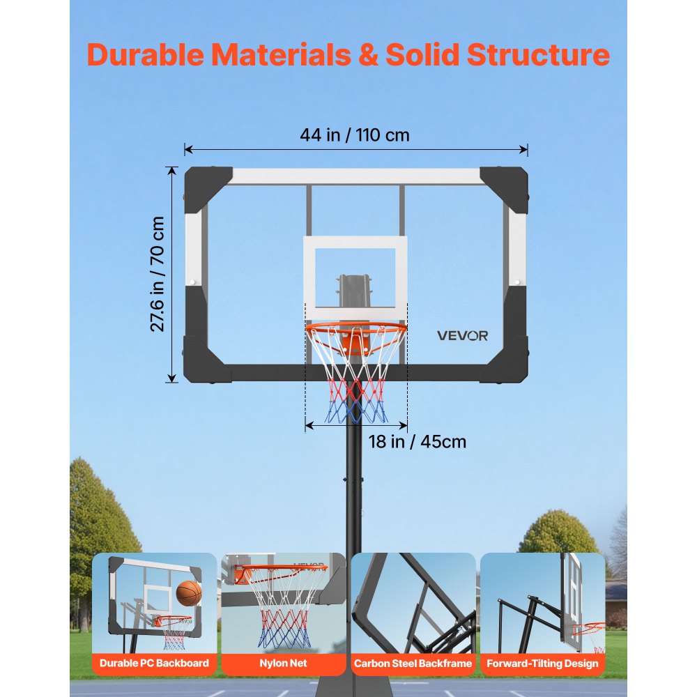 VEVOR Portable Basketball Stand, 8.04 to 10 ft Height Adjustment Basketball Hoop & Goal, Basketballs Hoop Outdoor with 44 inch PC Backboard for Kids, Adults in Schools, Parks, Indoor & Outdoor Use