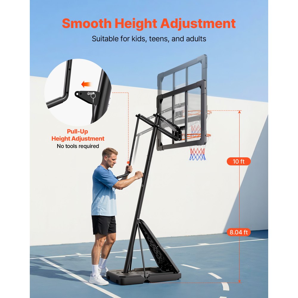 VEVOR Portable Basketball Stand, 8.04 to 10 ft Height Adjustment Basketball Hoop & Goal, Basketballs Hoop Outdoor with 44 inch PC Backboard for Kids, Adults in Schools, Parks, Indoor & Outdoor Use