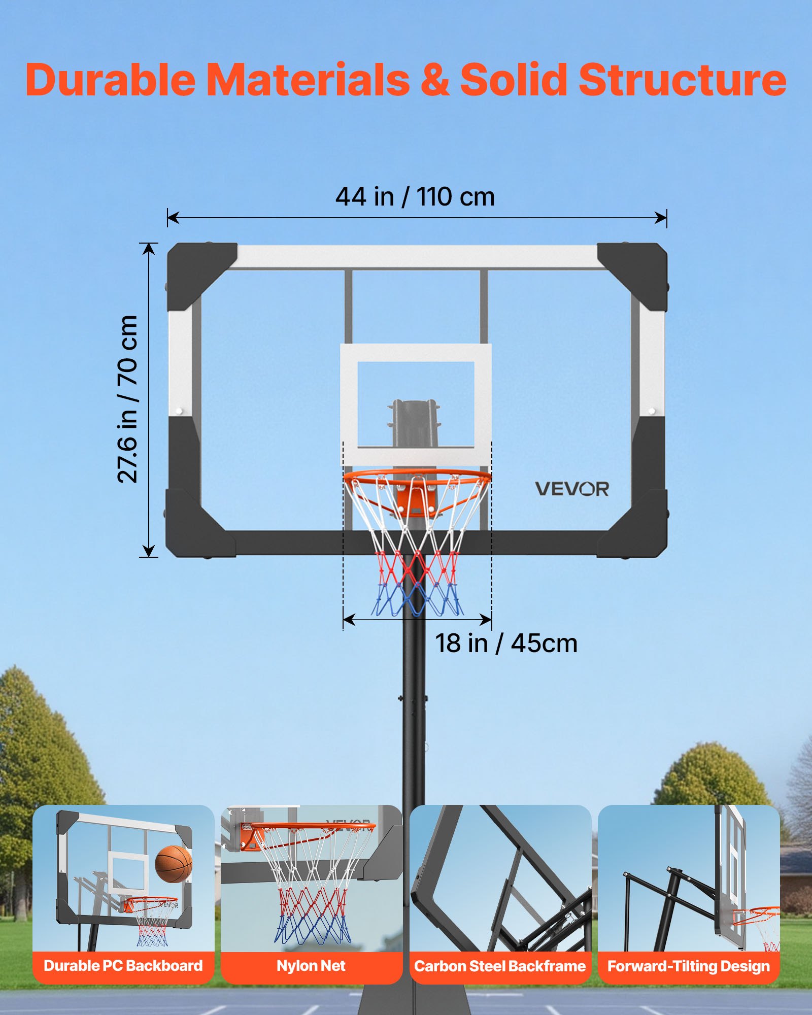 VEVOR Portable Basketball Stand, 8.04 to 10 ft Height Adjustment Basketball Hoop & Goal, Basketballs Hoop Outdoor with 44 inch PC Backboard for Kids, Adults in Schools, Parks, Indoor & Outdoor Use