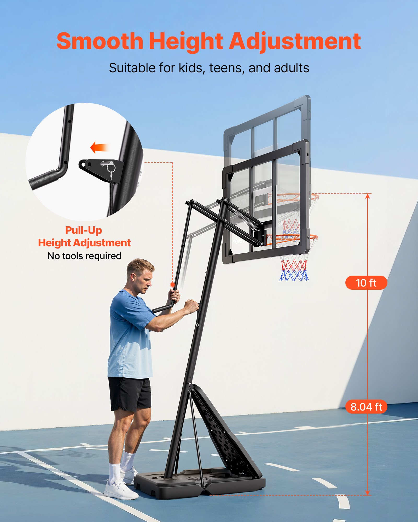 VEVOR Portable Basketball Stand, 8.04 to 10 ft Height Adjustment Basketball Hoop & Goal, Basketballs Hoop Outdoor with 44 inch PC Backboard for Kids, Adults in Schools, Parks, Indoor & Outdoor Use