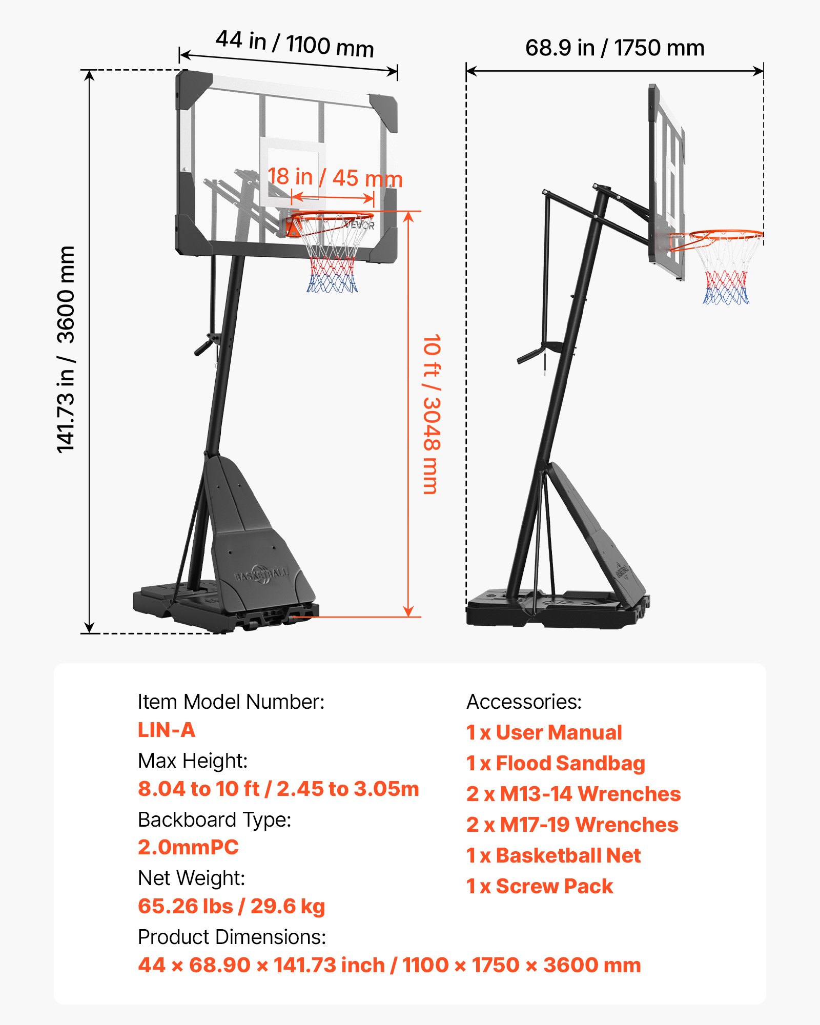 VEVOR Portable Basketball Stand, 8.04 to 10 ft Height Adjustment Basketball Hoop & Goal, Basketballs Hoop Outdoor with 44 inch PC Backboard for Kids, Adults in Schools, Parks, Indoor & Outdoor Use