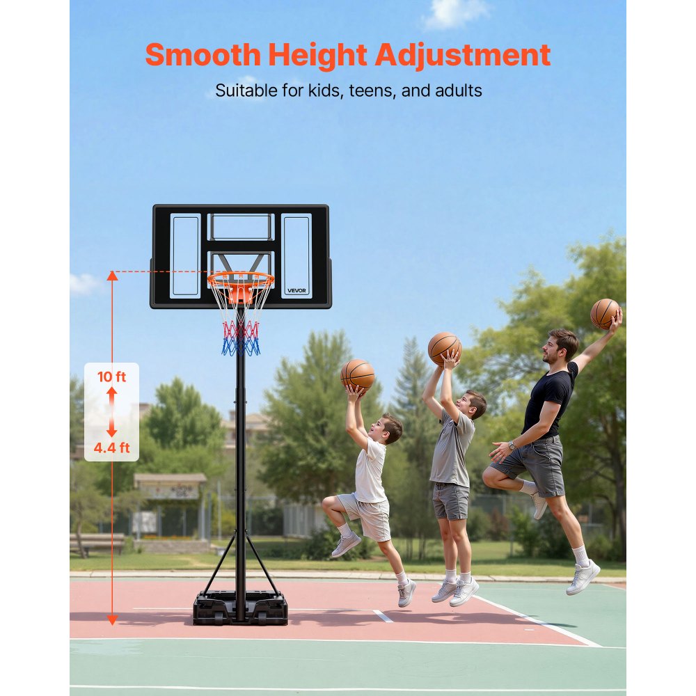 VEVOR Portable Basketball Stand, 4.4 ft to 10 ft Height Adjustment Basketball Hoop & Goal, Adjustable Basketballs Goal System with Built-in Rolling Wheels for Kids, Teens, Adults in Driveways, Pools