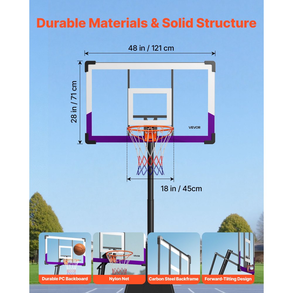VEVOR Portable Basketball Stand, 10 ft Height Adjustment Basketball Hoop & Goal, Basketballs Hoop Outdoor with 48 inch PC Backboard for Kids, Adults in Schools, Parks,  Indoor & Outdoor Use