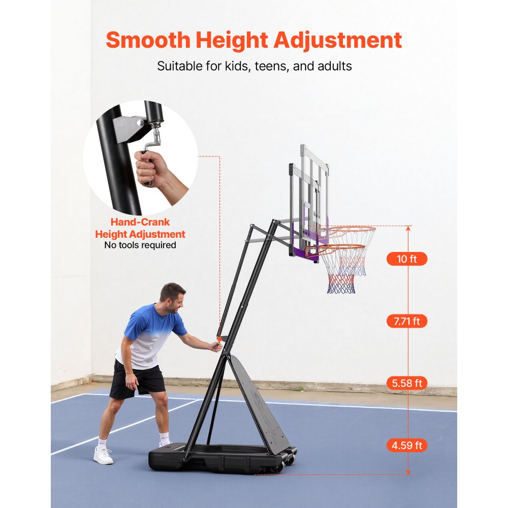 VEVOR Portable Basketball Stand, 10 ft Height Adjustment Basketball Hoop & Goal, Basketballs Hoop Outdoor with 48 inch PC Backboard for Kids, Adults in Schools, Parks,  Indoor & Outdoor Use