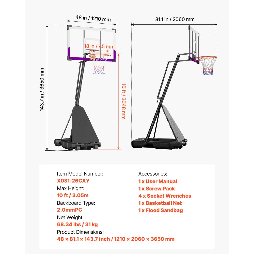 VEVOR Portable Basketball Stand, 10 ft Height Adjustment Basketball Hoop & Goal, Basketballs Hoop Outdoor with 48 inch PC Backboard for Kids, Adults in Schools, Parks,  Indoor & Outdoor Use