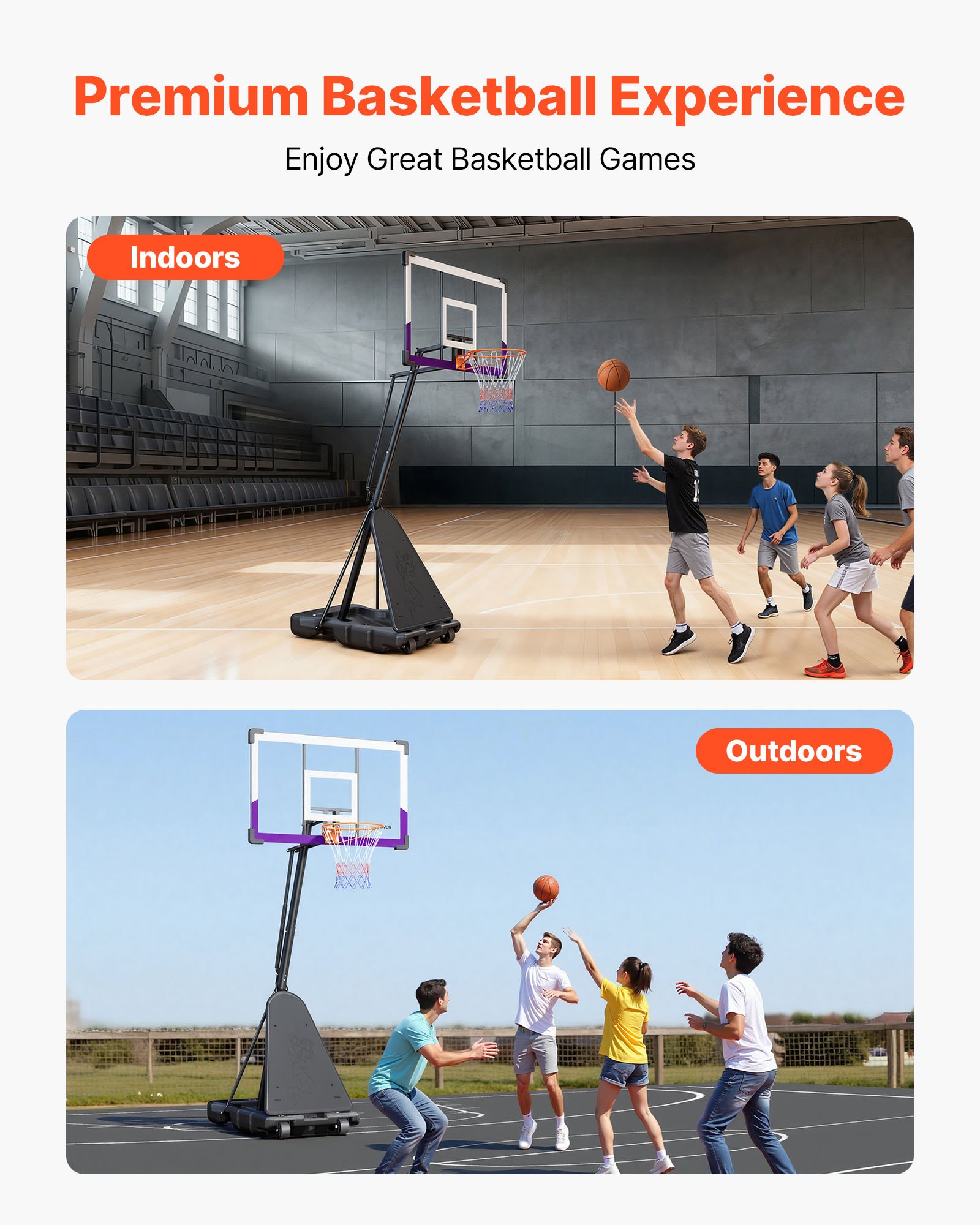 VEVOR Portable Basketball Stand, 10 ft Height Adjustment Basketball Hoop & Goal, Basketballs Hoop Outdoor with 48 inch PC Backboard for Kids, Adults in Schools, Parks,  Indoor & Outdoor Use