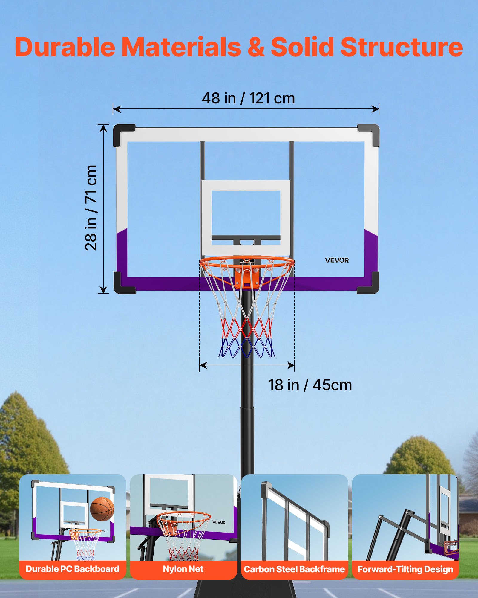 VEVOR Portable Basketball Stand, 10 ft Height Adjustment Basketball Hoop & Goal, Basketballs Hoop Outdoor with 48 inch PC Backboard for Kids, Adults in Schools, Parks,  Indoor & Outdoor Use