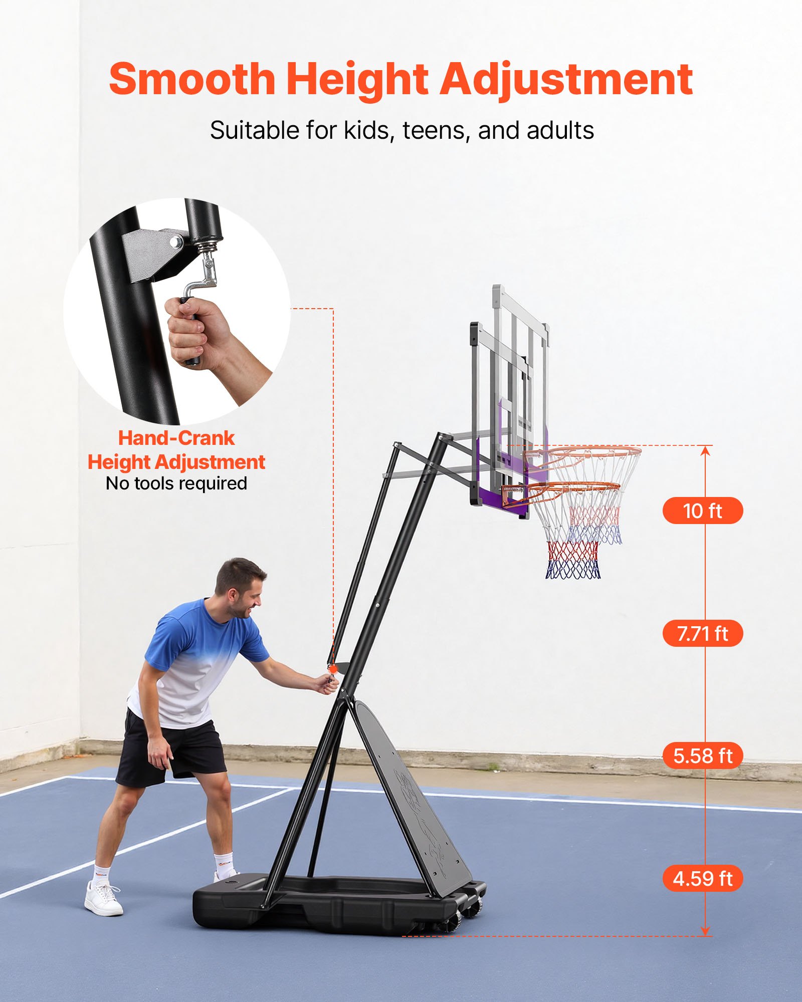 VEVOR Portable Basketball Stand, 10 ft Height Adjustment Basketball Hoop & Goal, Basketballs Hoop Outdoor with 48 inch PC Backboard for Kids, Adults in Schools, Parks,  Indoor & Outdoor Use