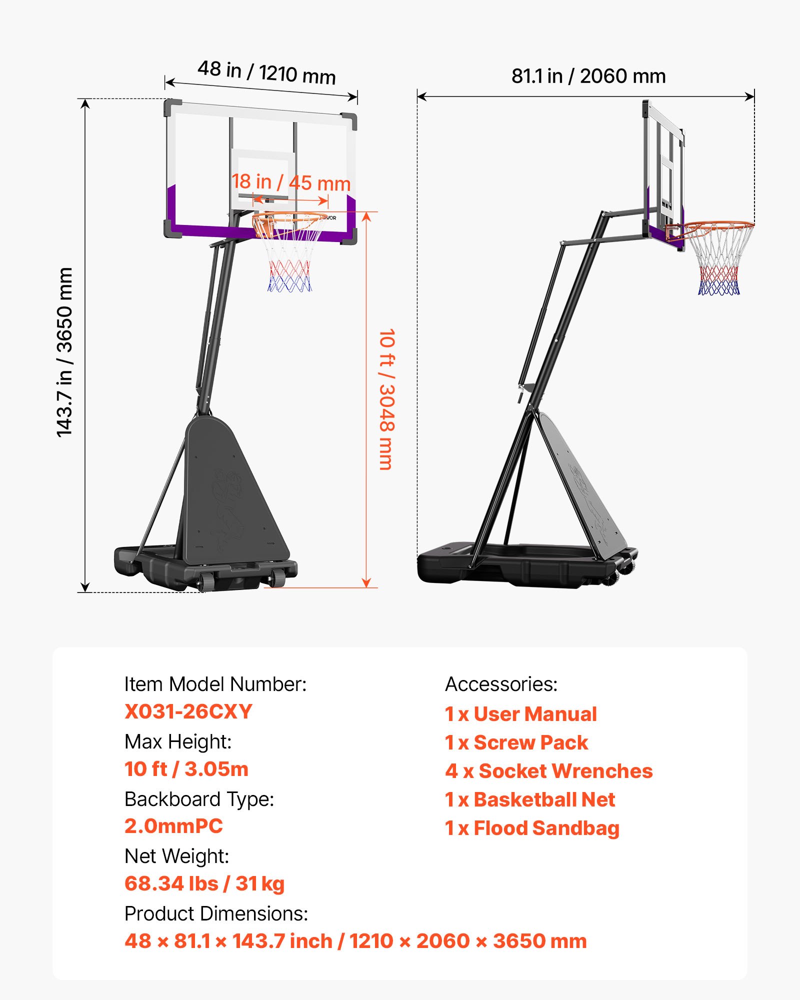 VEVOR Portable Basketball Stand, 10 ft Height Adjustment Basketball Hoop & Goal, Basketballs Hoop Outdoor with 48 inch PC Backboard for Kids, Adults in Schools, Parks,  Indoor & Outdoor Use