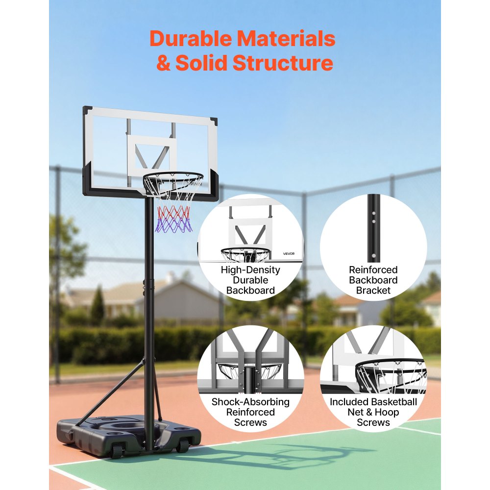 VEVOR Portable Basketball Stand, 10 ft Height Adjustment Basketball Hoop & Goal, Portable Basketballs Hoop with 48 inch PC Backboard & Wheels for Kids, Teens, Adults in Driveways, Pools, Schools