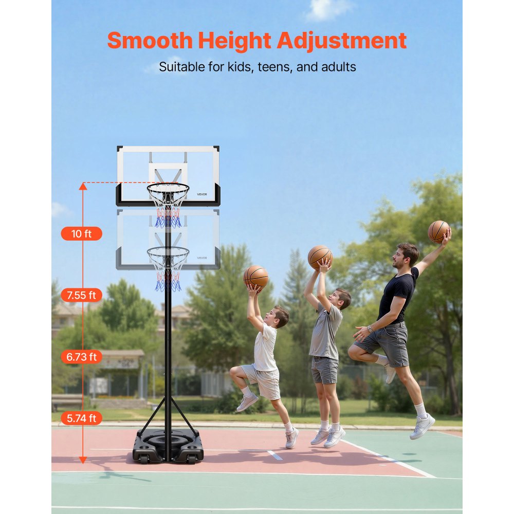 VEVOR Portable Basketball Stand, 10 ft Height Adjustment Basketball Hoop & Goal, Portable Basketballs Hoop with 48 inch PC Backboard & Wheels for Kids, Teens, Adults in Driveways, Pools, Schools