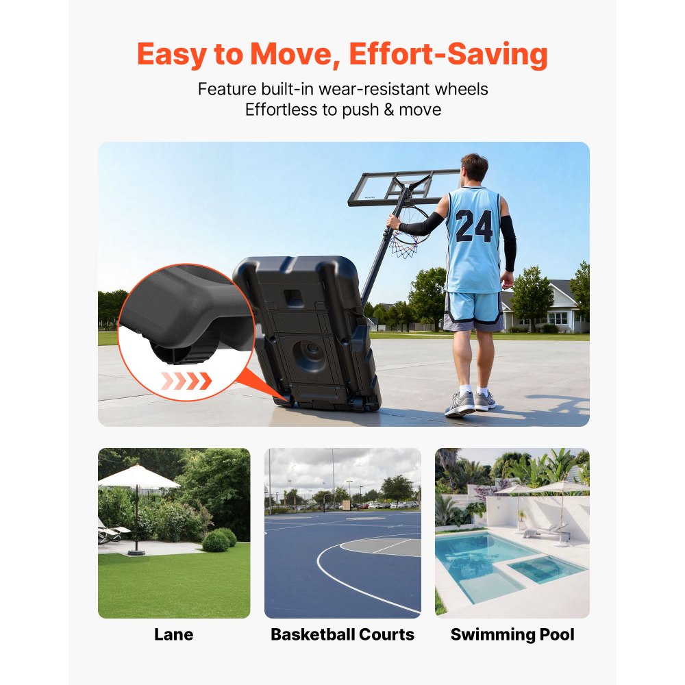 VEVOR Portable Basketball Stand, 10 ft Height Adjustment Basketball Hoop & Goal, Portable Basketballs Hoop with 48 inch PC Backboard & Wheels for Kids, Teens, Adults in Driveways, Pools, Schools