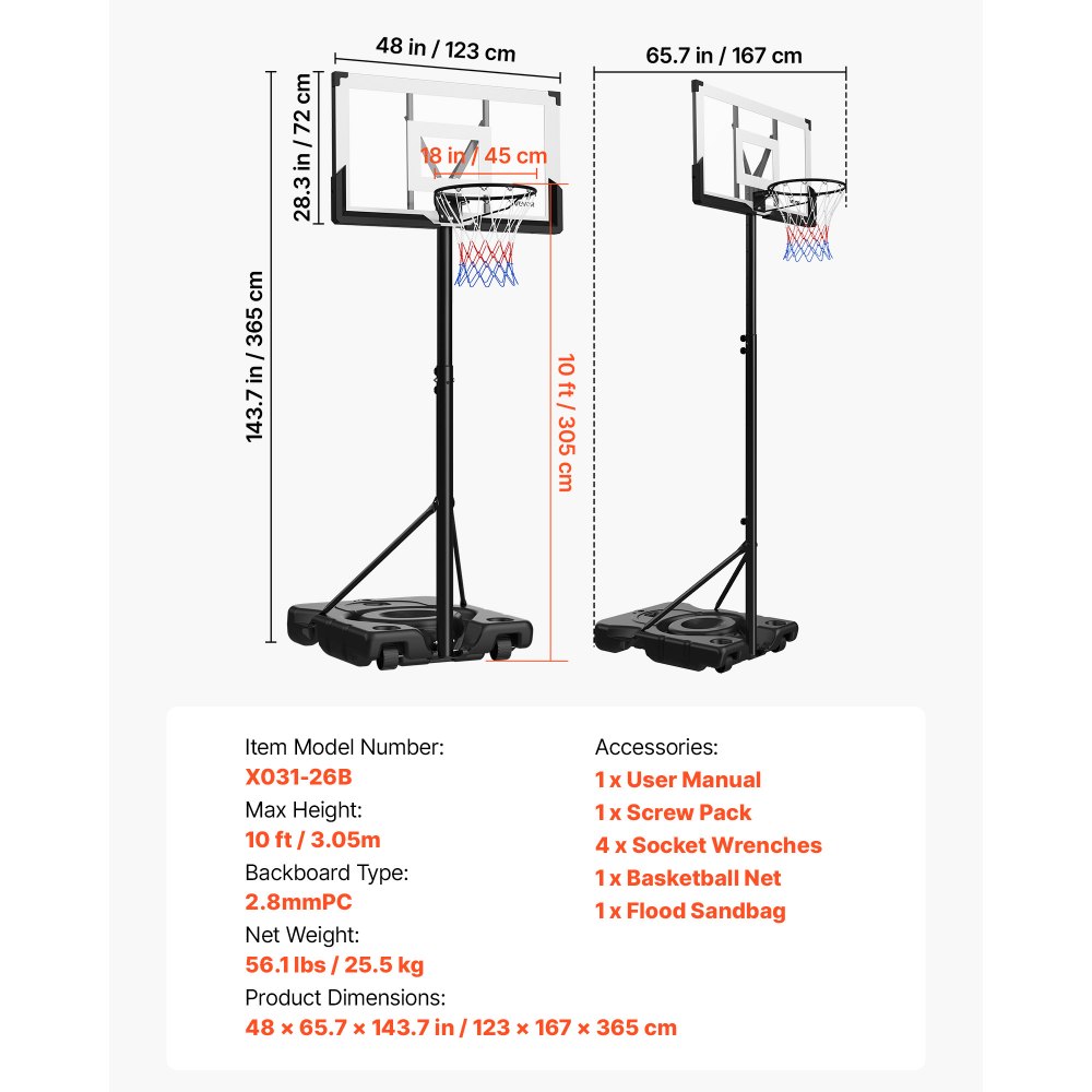 VEVOR Portable Basketball Stand, 10 ft Height Adjustment Basketball Hoop & Goal, Portable Basketballs Hoop with 48 inch PC Backboard & Wheels for Kids, Teens, Adults in Driveways, Pools, Schools