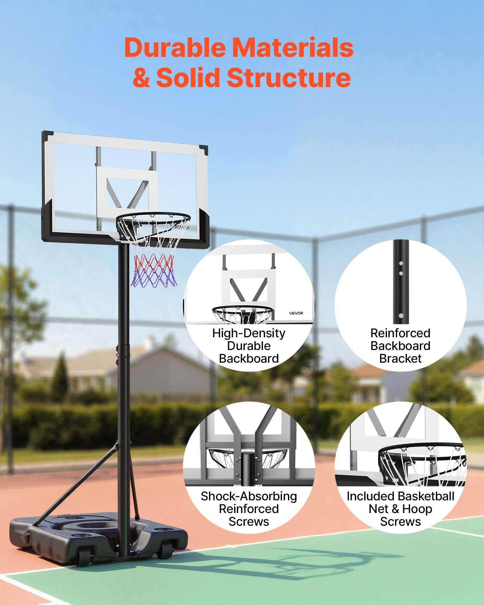 VEVOR Portable Basketball Stand, 10 ft Height Adjustment Basketball Hoop & Goal, Portable Basketballs Hoop with 48 inch PC Backboard & Wheels for Kids, Teens, Adults in Driveways, Pools, Schools