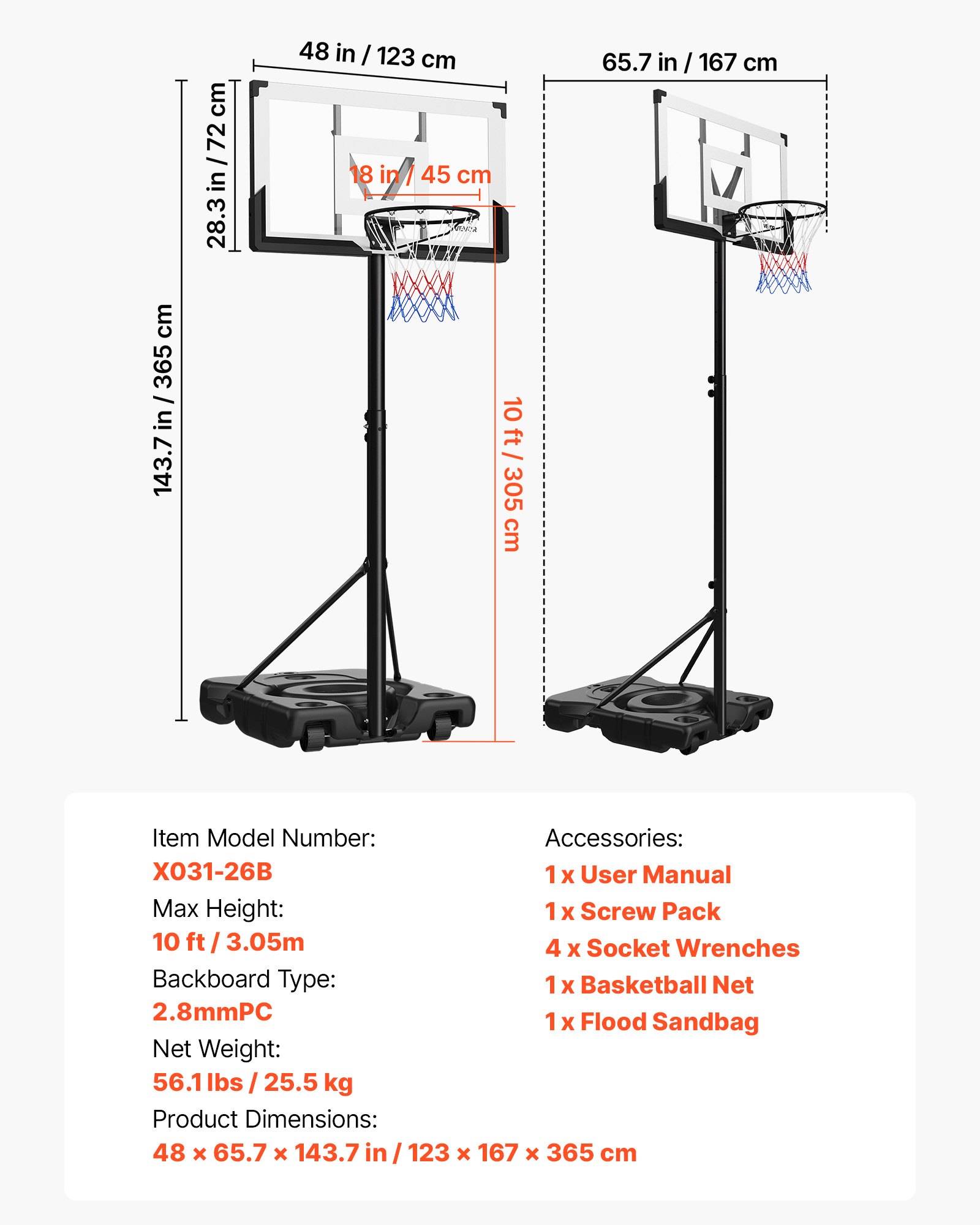 VEVOR Portable Basketball Stand, 10 ft Height Adjustment Basketball Hoop & Goal, Portable Basketballs Hoop with 48 inch PC Backboard & Wheels for Kids, Teens, Adults in Driveways, Pools, Schools