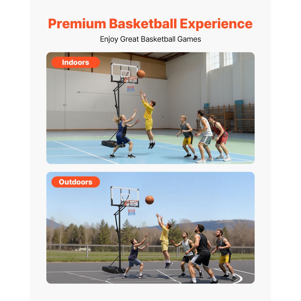 VEVOR Portable Basketball Stand, 5.25 to 10 ft Height Adjustment Basketball Hoop & Goal, Portable Basketballs Hoop with 48 inch PC Backboard & Wheels for Kids, Teens, Adults in Driveways, Pools
