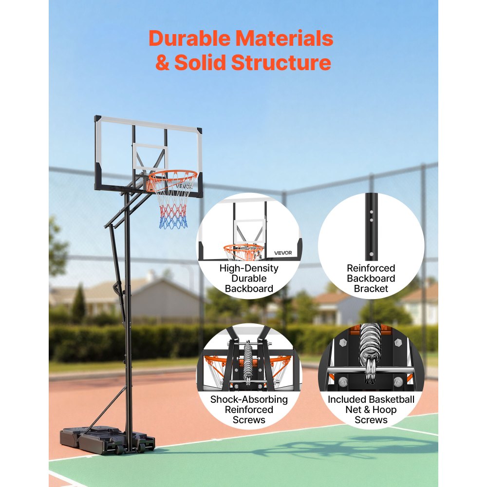 VEVOR Portable Basketball Stand, 5.25 to 10 ft Height Adjustment Basketball Hoop & Goal, Portable Basketballs Hoop with 48 inch PC Backboard & Wheels for Kids, Teens, Adults in Driveways, Pools