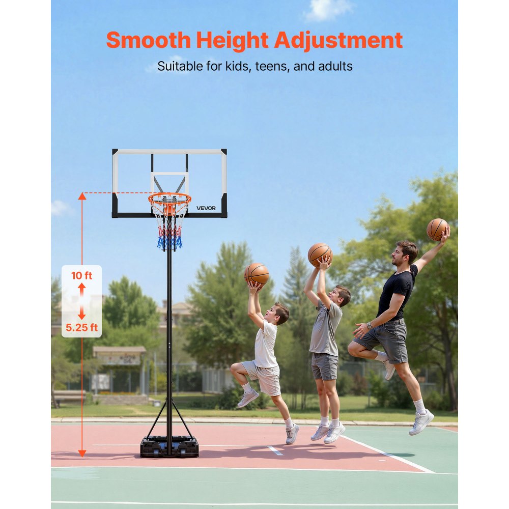 VEVOR Portable Basketball Stand, 5.25 to 10 ft Height Adjustment Basketball Hoop & Goal, Portable Basketballs Hoop with 48 inch PC Backboard & Wheels for Kids, Teens, Adults in Driveways, Pools