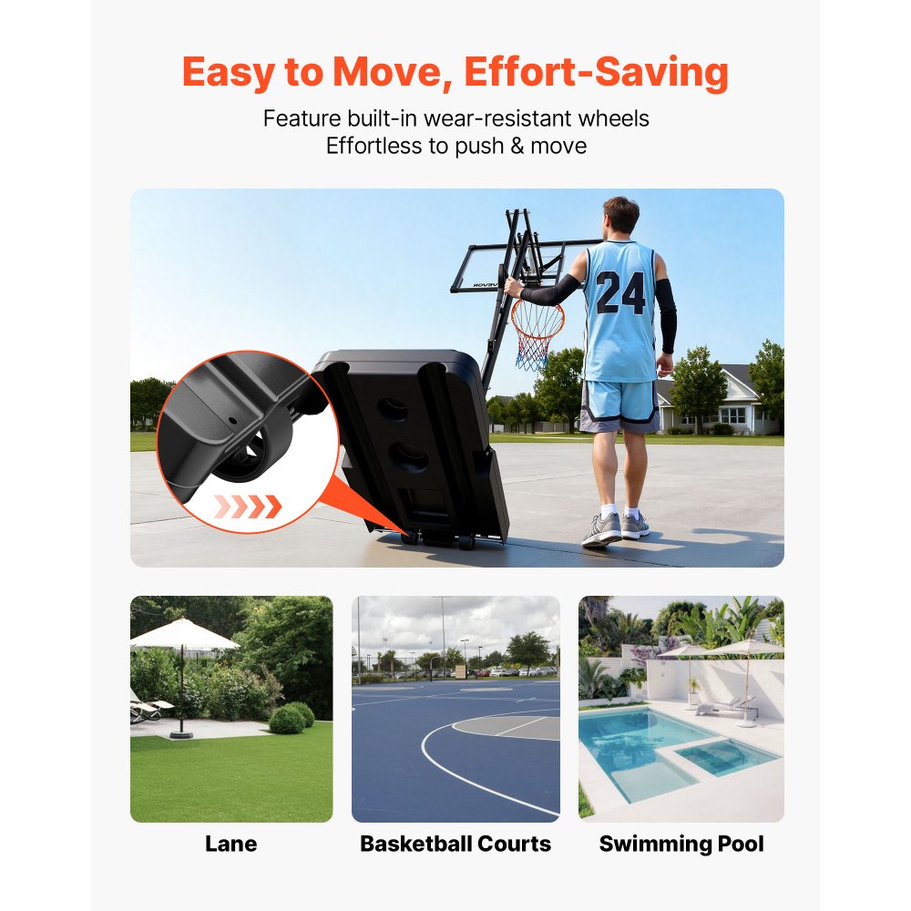 VEVOR Portable Basketball Stand, 5.25 to 10 ft Height Adjustment Basketball Hoop & Goal, Portable Basketballs Hoop with 48 inch PC Backboard & Wheels for Kids, Teens, Adults in Driveways, Pools