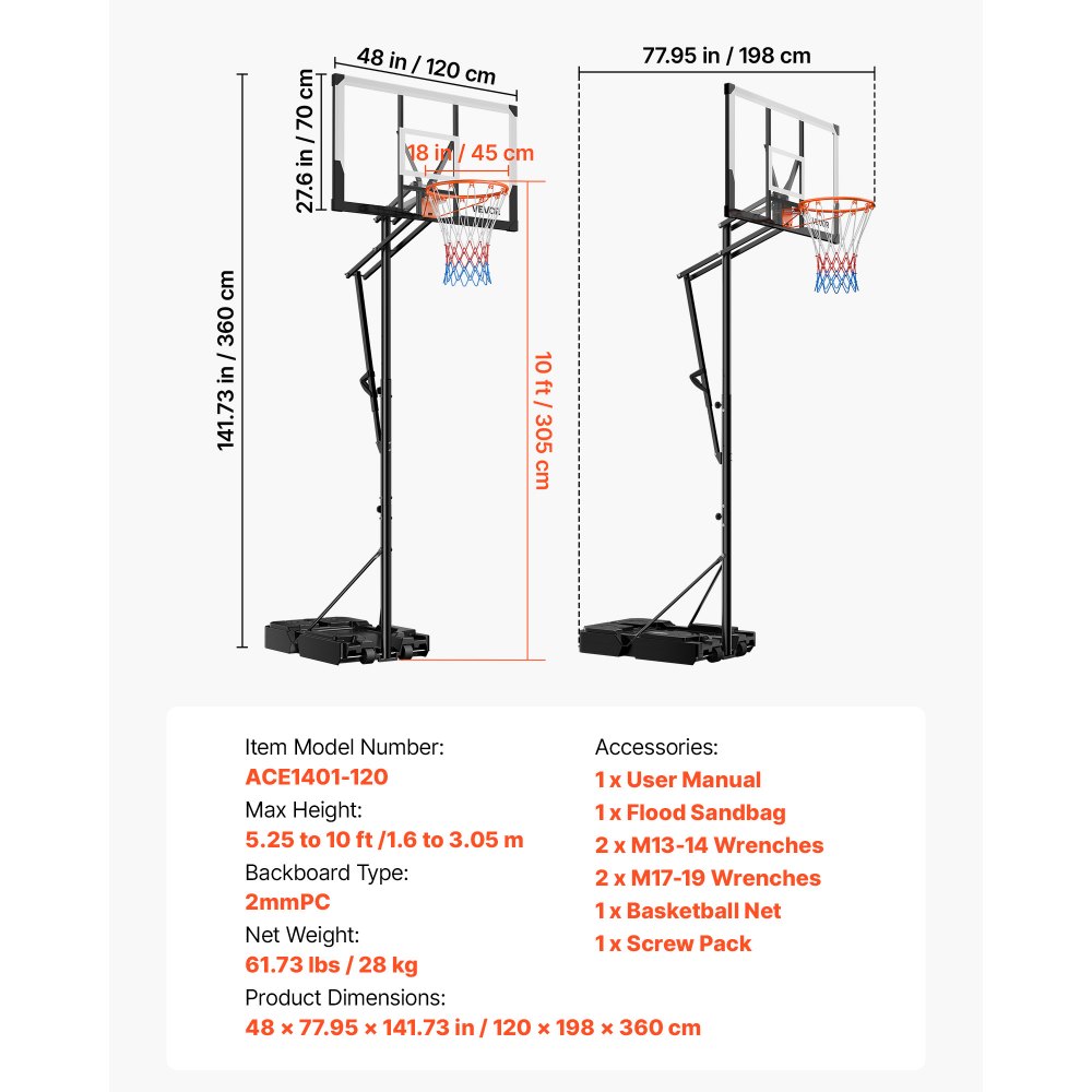 VEVOR Portable Basketball Stand, 5.25 to 10 ft Height Adjustment Basketball Hoop & Goal, Portable Basketballs Hoop with 48 inch PC Backboard & Wheels for Kids, Teens, Adults in Driveways, Pools