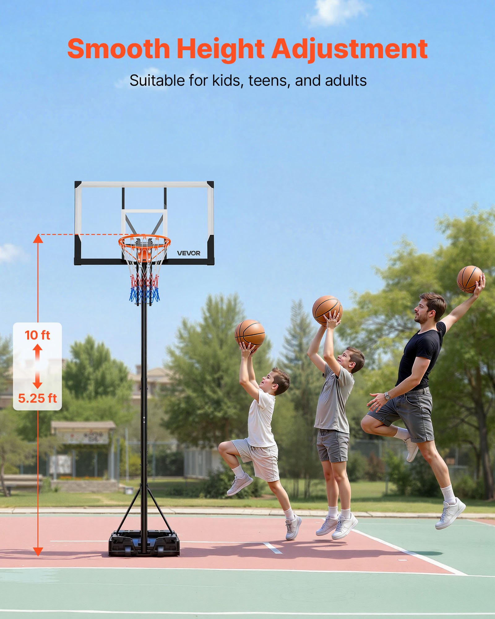VEVOR Portable Basketball Stand, 5.25 to 10 ft Height Adjustment Basketball Hoop & Goal, Portable Basketballs Hoop with 48 inch PC Backboard & Wheels for Kids, Teens, Adults in Driveways, Pools