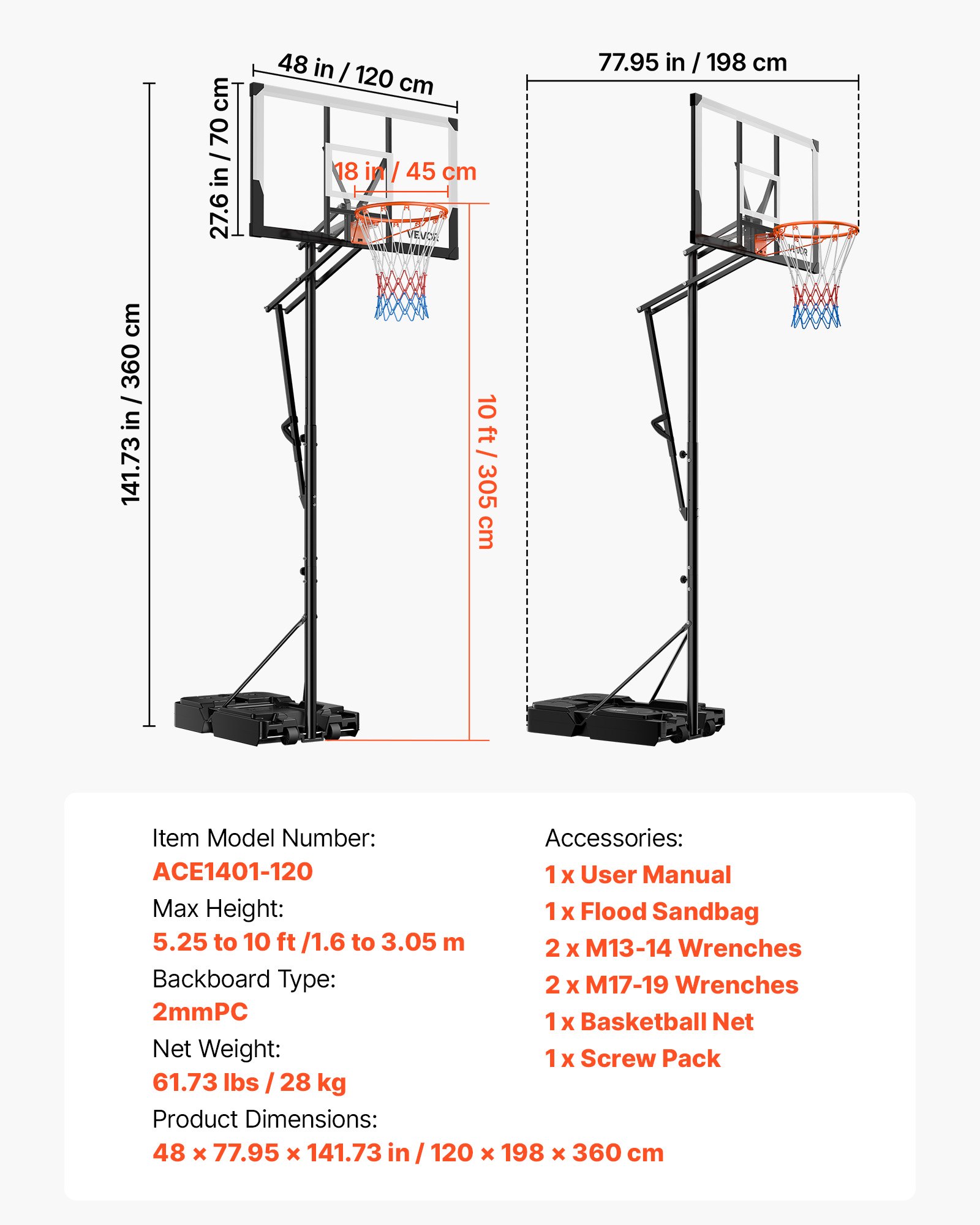 VEVOR Portable Basketball Stand, 5.25 to 10 ft Height Adjustment Basketball Hoop & Goal, Portable Basketballs Hoop with 48 inch PC Backboard & Wheels for Kids, Teens, Adults in Driveways, Pools