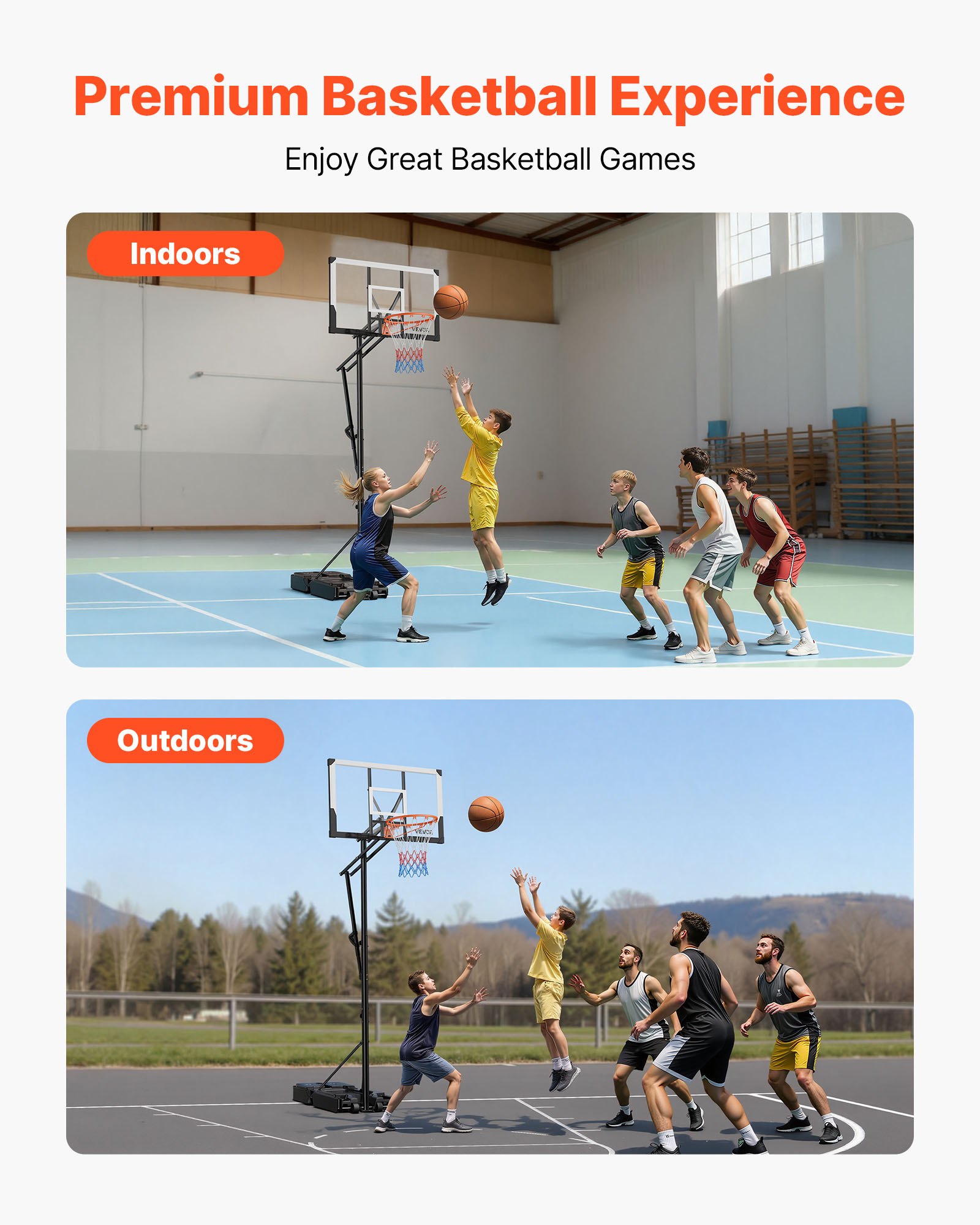 VEVOR Portable Basketball Stand, 5.25 to 10 ft Height Adjustment Basketball Hoop & Goal, Portable Basketballs Hoop with 48 inch PC Backboard & Wheels for Kids, Teens, Adults in Driveways, Pools