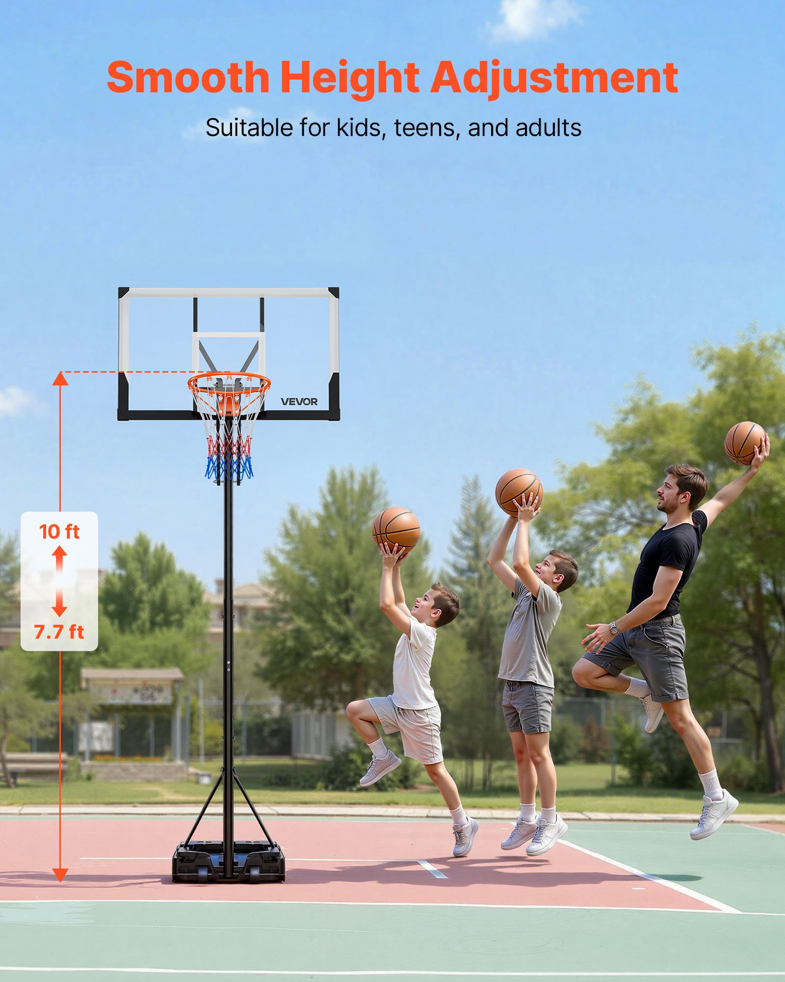 VEVOR Portable Basketball Stand, 5.25 to 10 ft Height Adjustment Basketball Hoop & Goal, Portable Basketballs Hoop with 48 inch PC Backboard & Wheels for Kids, Teens, Adults in Driveways, Pools