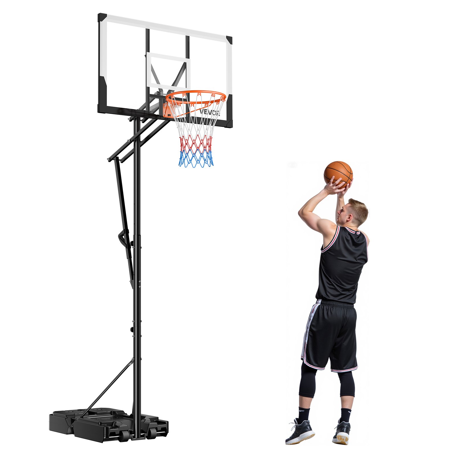 VEVOR Portable Basketball Stand, 5.25 to 10 ft Height Adjustment Basketball Hoop & Goal, Portable Basketballs Hoop with 48 inch PC Backboard & Wheels for Kids, Teens, Adults in Driveways, Pools