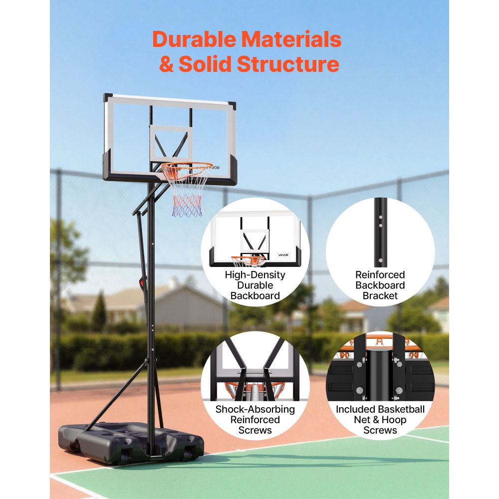 VEVOR Portable Basketball Stand, 10 ft Height Adjustment Basketball Hoop & Goal, Portable Basketballs Hoop with 54 inch PC Backboard & Wheels for Kids, Teens, Adults in Driveways, Pools, Schools