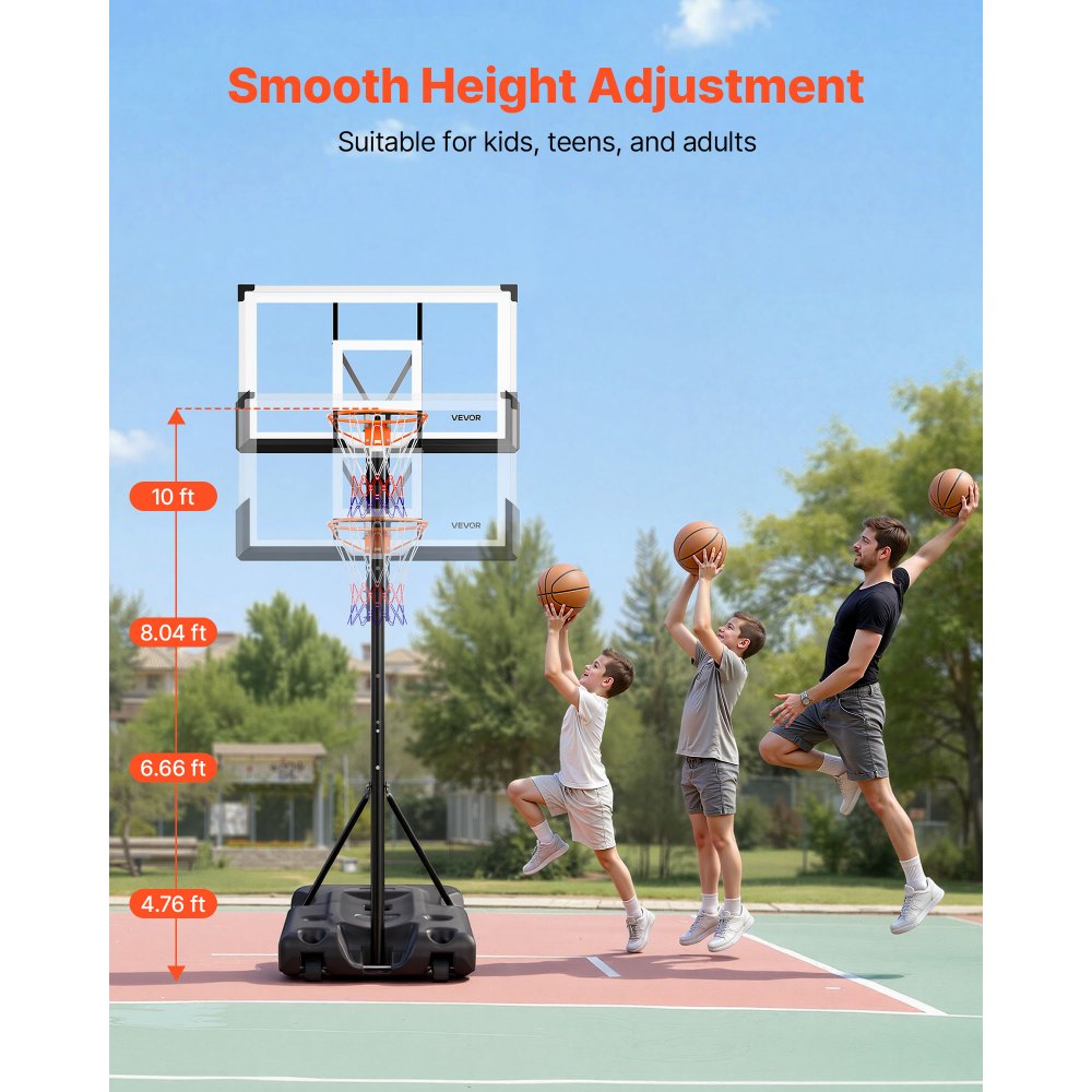 VEVOR Portable Basketball Stand, 10 ft Height Adjustment Basketball Hoop & Goal, Portable Basketballs Hoop with 54 inch PC Backboard & Wheels for Kids, Teens, Adults in Driveways, Pools, Schools
