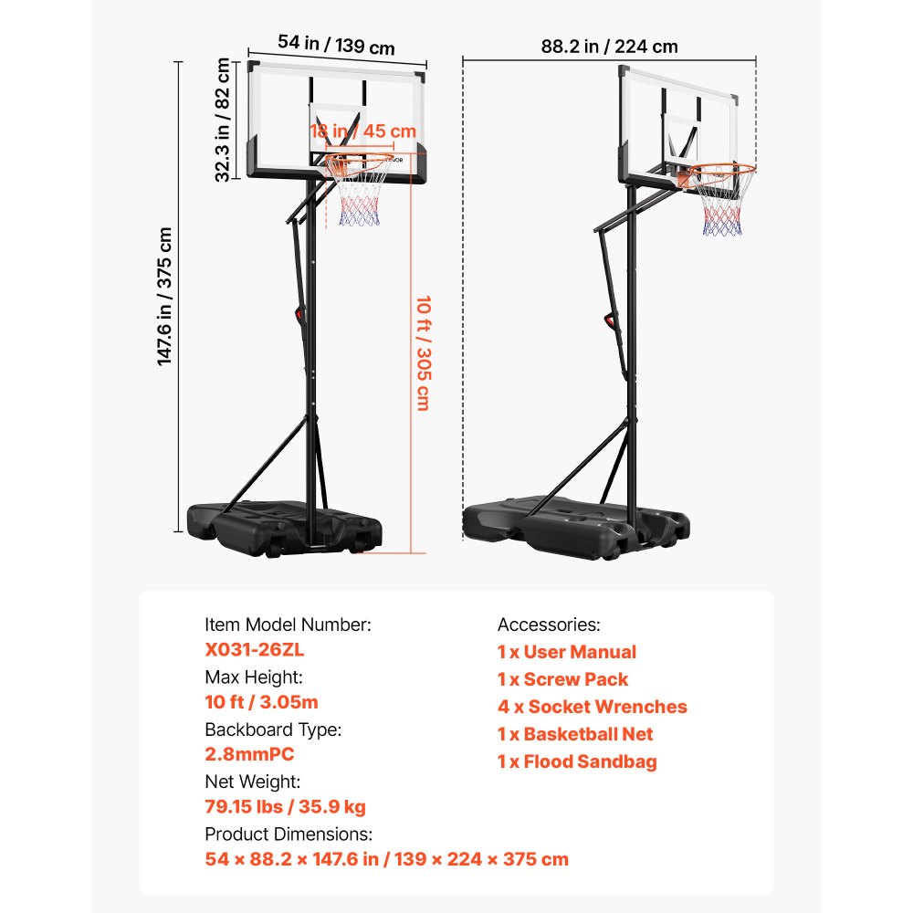 VEVOR Portable Basketball Stand, 10 ft Height Adjustment Basketball Hoop & Goal, Portable Basketballs Hoop with 54 inch PC Backboard & Wheels for Kids, Teens, Adults in Driveways, Pools, Schools