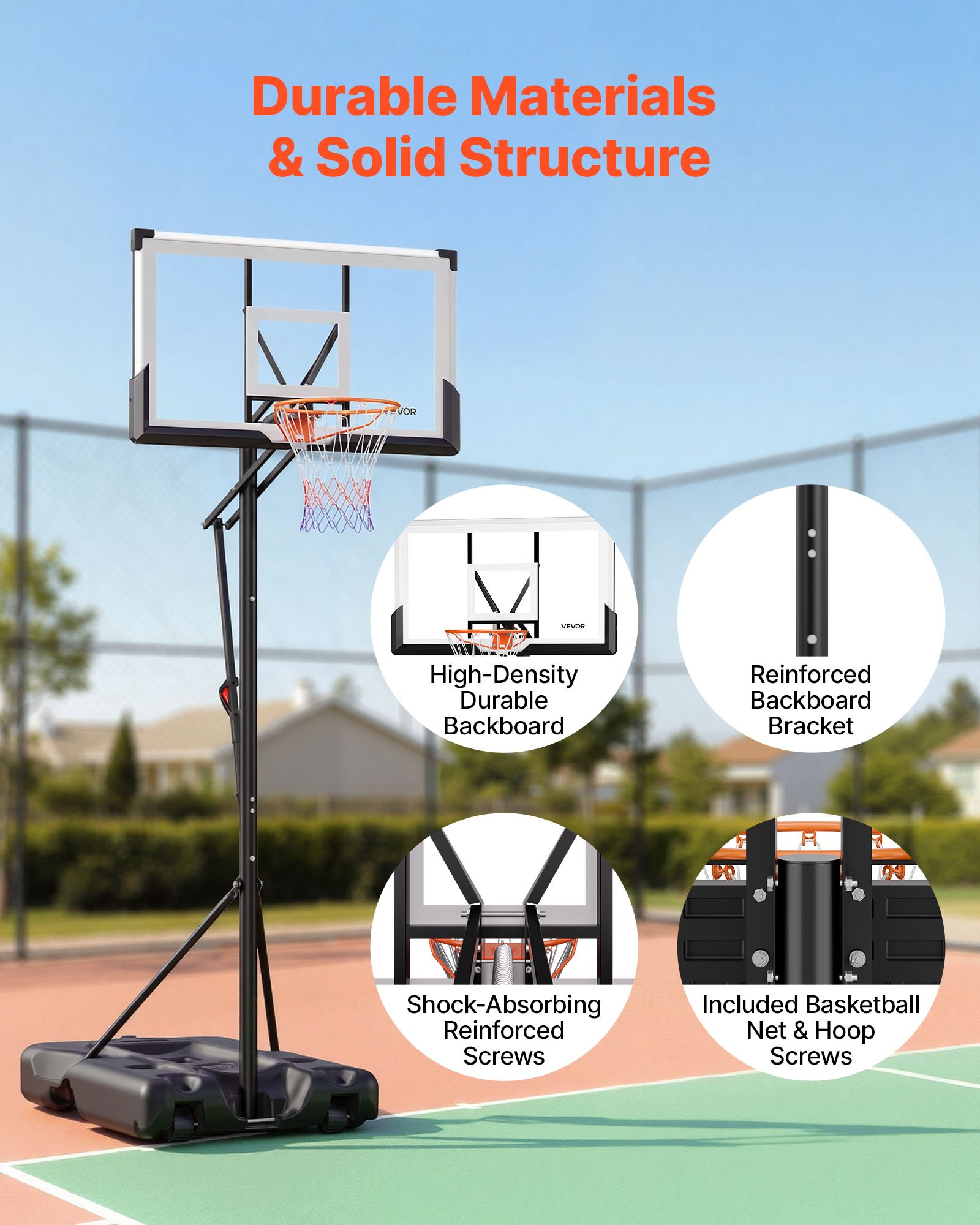 VEVOR Portable Basketball Stand, 10 ft Height Adjustment Basketball Hoop & Goal, Portable Basketballs Hoop with 54 inch PC Backboard & Wheels for Kids, Teens, Adults in Driveways, Pools, Schools