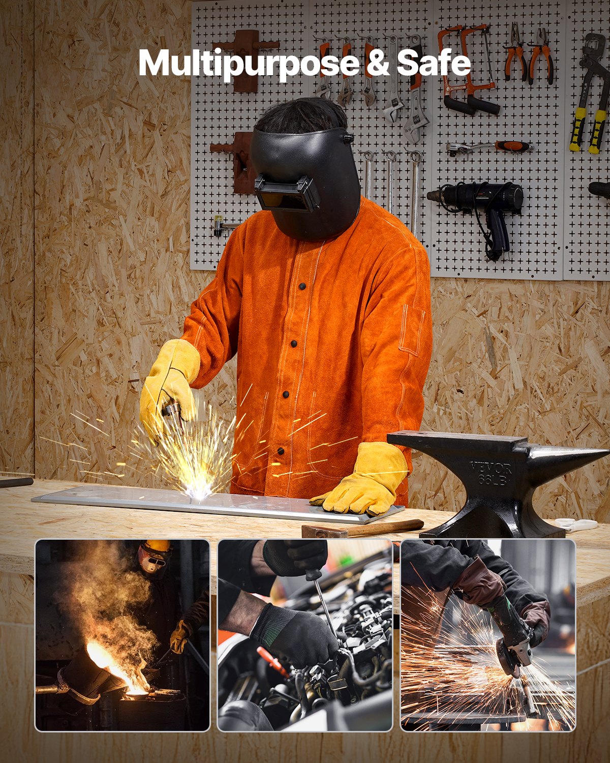 VEVOR Flame-Resistant Welding Jacket - L Size, Heavy Duty Cowhide Leather Welding Jacket, Waterproof Heat-Resistant Safety Jacket with Snap Buttons, 4 Pockets & Adjustable Cuffs for Welders Steelworks