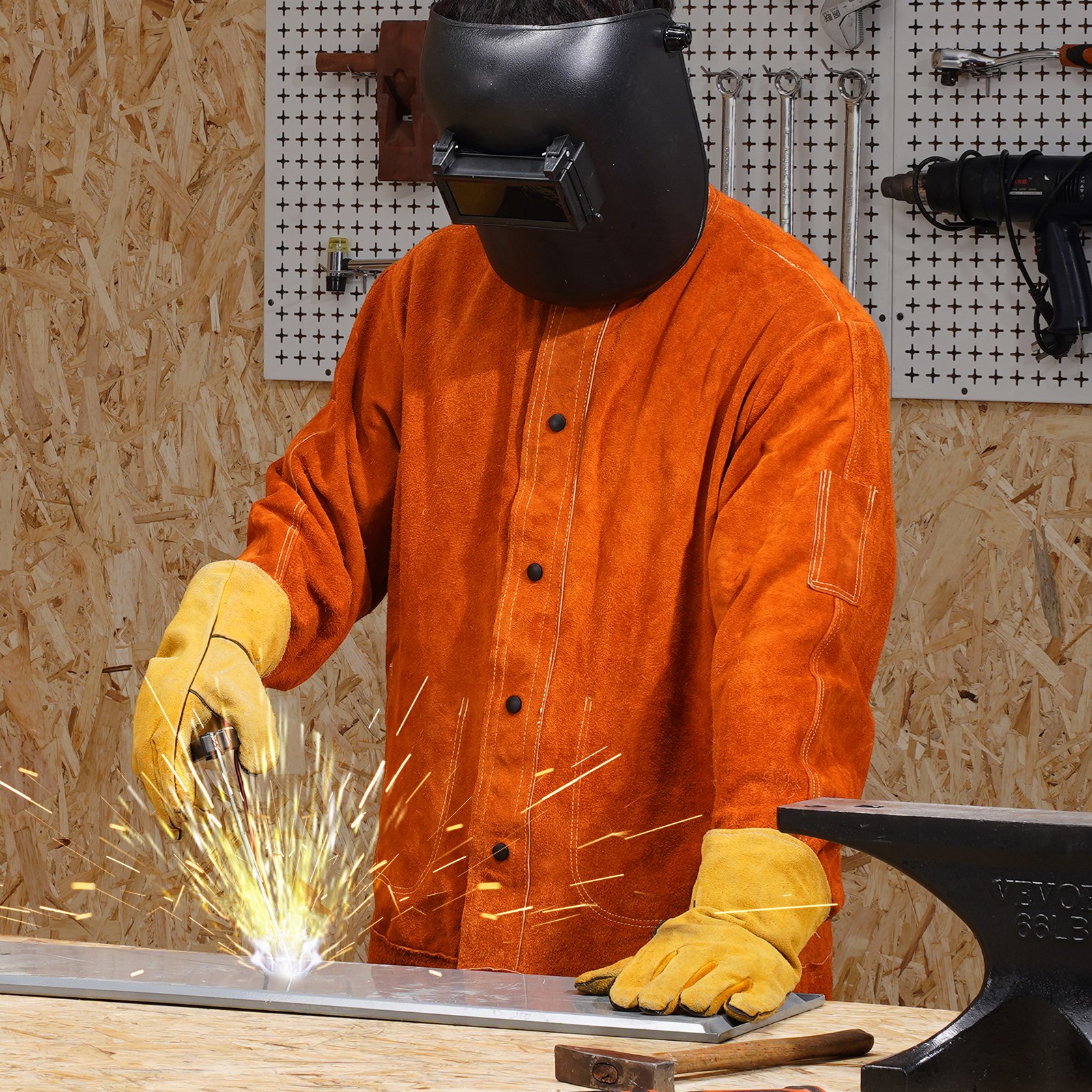 VEVOR Flame-Resistant Welding Jacket - M Size, Heavy Duty Cowhide Leather Welding Jacket, Waterproof Heat-Resistant Safety Jacket with Snap Buttons, 4 Pockets & Adjustable Cuffs for Welders Steelworks