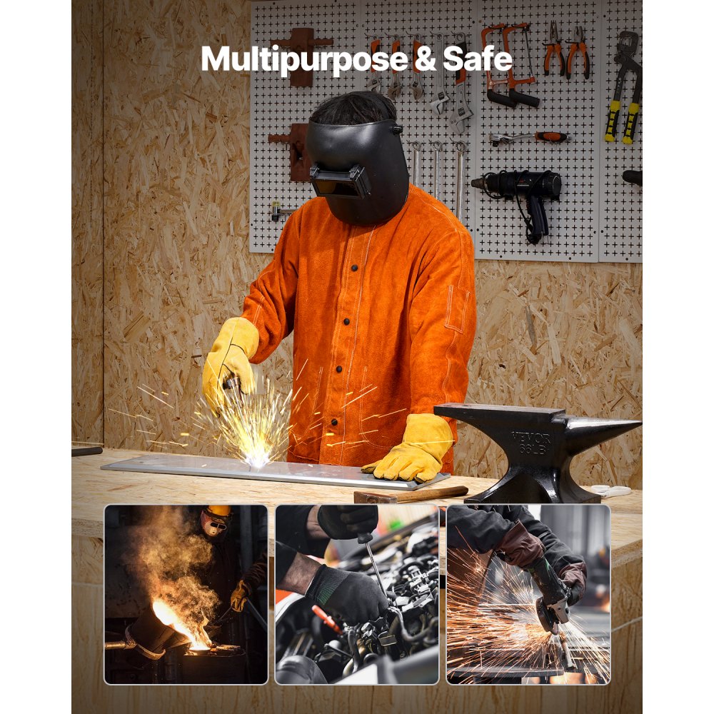 VEVOR Flame-Resistant Welding Jacket - XXL Size, Heavy Duty Cowhide Leather Welding Jacket, Waterproof Heat-Resistant Safety Jacket with Snap Button, 4 Pockets & Adjustable Cuffs for Welder Steelworks